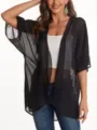 Detail view of a lightweight black sheer chiffon kimono cardigan, perfect for summer sun protection. - S / Tops / Pure Black