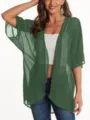 Detailed view of the dark green sheer chiffon kimono cardigan showcasing lightweight sleeve fabric. - S / Tops / Pure Army Green