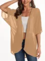 Chiffon sunscreen cover-up cardigan detail view, lightweight half-sleeve stylish top. - S / Tops / Khaki