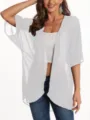 White sheer chiffon kimono cardigan detail, lightweight summer sunscreen cover-up style. - S / Tops / Pure White