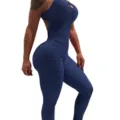 Women Sexy One-Piece Yoga Jumpsuit Textured Fitness Activewear Romper Sports Gym Bodysuit - Navy Blue