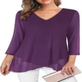 Women's elegant deep V-neck 3/4 sleeve chiffon layered blouse stylish purple top - S / Tops / Purple