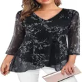 Women's 3/4 Sleeve V-Neck Floral Print Chiffon Blouse Casual Loose Summer Shirt Top - Printed Black