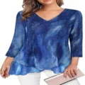 Women's 3/4 sleeve V-neck blue artistic print layered chiffon blouse for casual daily wear. - S / Tops / Blue