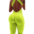 Neon green backless textured yoga jumpsuit, high waist fitness gym onesie for women. - Fluorescent Green