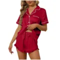 Ensemble pyjama court en satin rouge pour femme chemise manches courtes et short de nuit - Rouge Foncé