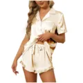 Women Silk Satin Pajama Set V-Neck Short Sleeve Button Down Sleepwear Loungewear - S / Apricot White