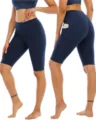 Detail view of high-waist women's sports fitness yoga shorts with functional side pockets. - Navy Blue