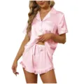 Detailed view of women pink satin short sleeve pajama set V-neck button shirt and shorts - S / Pink