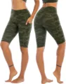Women camouflage yoga shorts detail view, high waist fitness running activewear with pocket. - Camo Green
