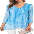 Blue V-Neck 3/4 Sleeve Watercolor Print Chiffon Blouse Casual Women Summer Loose Top - Sky Blue