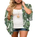 Women tropical leaf print chiffon kimono cardigan, loose casual sun protection cover up. - S / Tops / White Leaf