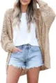 Detailed view of women's long sleeve open front chunky knit cardigan sweater with hollow out design. - S / Khaki