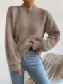 Vrouwen casual effen kleur col met lange mouwen gebreide truien herfst winter topje - Khaki