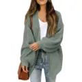 Damen Laternenarm grob gestrickte Strickjacke Cardigan mit Taschen Herbst Oberbekleidung - Bohnengrün
