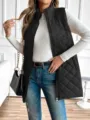 Women Black Quilted Stand Collar Zip Up Puffer Vest Winter Outerwear Casual Sleeveless Coat - S / Black