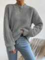 Effen gebreide trui met lange mouwen en opstaande kraag voor dames, comfortabele casual stijl. - donkergrijs