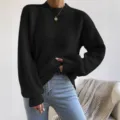 Dames zwarte opstaande kraag lange mouw gebreide trui, casual effen herfst winter topje. - S / Zwart