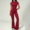 Maroon slim short sleeve top and high waist flared yoga pants set, perfect for fitness workouts. - S / Ankara Red