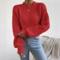Rode trui met opstaande kraag en lange mouwen, casual losse gebreide trui voor dames. - S / Rood