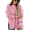 Maglione lavorato a maglia rosa collo alto largo maniche lunghe spacchi laterali top - Rosa