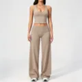 Halter crop top and wide-leg yoga pants set, activewear detail view, comfortable stretch fabric. - S / Top And Bottom / Flaxen
