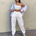 Women casual sportswear set white one shoulder crop top and loose sweatpants for daily wear - S / White
