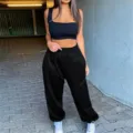 Women black crop top and sweatpants set, casual sportswear jogger outfit for daily wear. - S / Black
