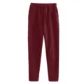Solid wine red fleece-lined sweatpants detail view, casual pants with adjustable drawstring. - Burgundy