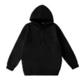 Detail view of solid color black hoodie featuring a convenient front pet pouch pocket design. - S / Tops / Black