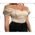 Femme haut corset satin epaule décolletée unie elegante soirée clubwear blouse chic - S / Kaki