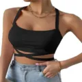 Top corto de canalé negro con tirantes cruzados, camiseta elegante sin espalda para mujer - XS / Tops / Negro