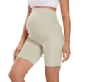 High waist maternity yoga shorts belly support fitness workout activewear casual beige - S / Bottoms / Beige