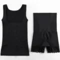 Schwarze Damen Miederset nahtlose Bauchweg Tanktop und Spitze High Waist Formhosen - Schwarz Spitze Set