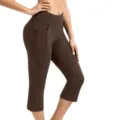 High waist solid color yoga pants for women with side pockets and butt lifting design details. - S / Coffee