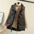 Women black padded vest chic stylish winter warm outerwear matching beige turtleneck sweater - M / Black