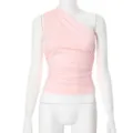 Dettaglio crop top monospalla rosa arricciato, capo moda estivo monocolore senza maniche. - XS / Rosa