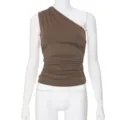 Top smanicato arricciato monospalla marrone, tinta unita elegante casual abbigliamento base estivo. - XS / Marrone