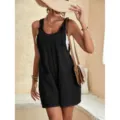 Mujer casual negro liso sin mangas mameluco pantalones cortos verano moda nueva - S / Negro