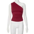 Top monospalla arricciato rosso vino vista dettagliata, abbigliamento senza maniche. - XS / Borgogna
