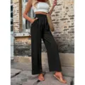 Pantalon decontracte noir femme jambe large taille haute elastique mode tendance chic - S / Noir
