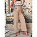 Pantalon décontracté femme taille haute jambe large cordon de serrage poches uni chic - S / Kaki
