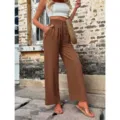 Women Brown High Waist Wide Leg Casual Pants Loose Drawstring Trousers Summer Fashion - Dark Brown