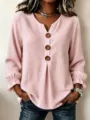 Women pink waffle knit long sleeve top with V-neck wooden buttons and ruffled cuffs casual - Pink