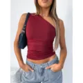 Donna Top Corto Monospalla Arricciato Monocolore Aderente Senza Maniche Maglietta Estate. - XS / Borgogna