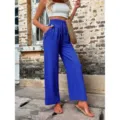 Women high waist wide leg casual trousers solid color fashion loose long pants SKU - Blue