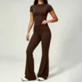 Close-up detail showcasing the premium brown ribbed yoga top and matching flared pants. - S / Dark Brown