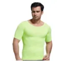 Detail shot of men's short sleeve compression shirt featuring waist shaping and support design. - Cyan Green