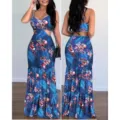 Women summer floral print cutout V-neck maxi dress with tiered hem casual long party dress. - S / Blue