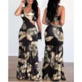 Women two-piece crop top and maxi skirt set black gold leaf print casual sexy outfit - S / Black